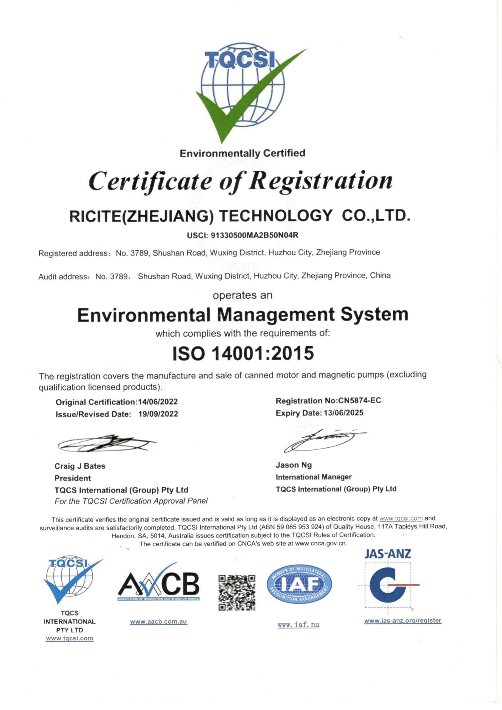 TQCSI ISO14001:2015 Environmentally Certified Certificate of Registration